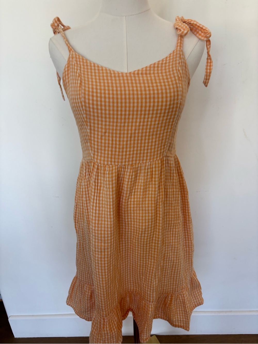 Old Navy Orange Gingham Tie-Shoulder Mini Dress